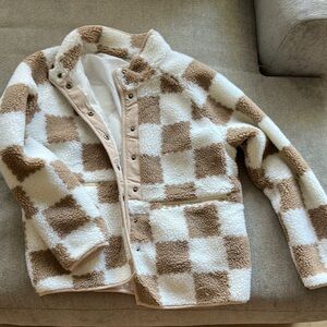 Checkered Sherpa Jacket in White and Tan